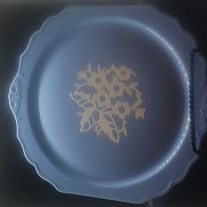 Cameoware by Harkerware Pottery Co. Patented U.S.A.  Blue & White Cake Plate